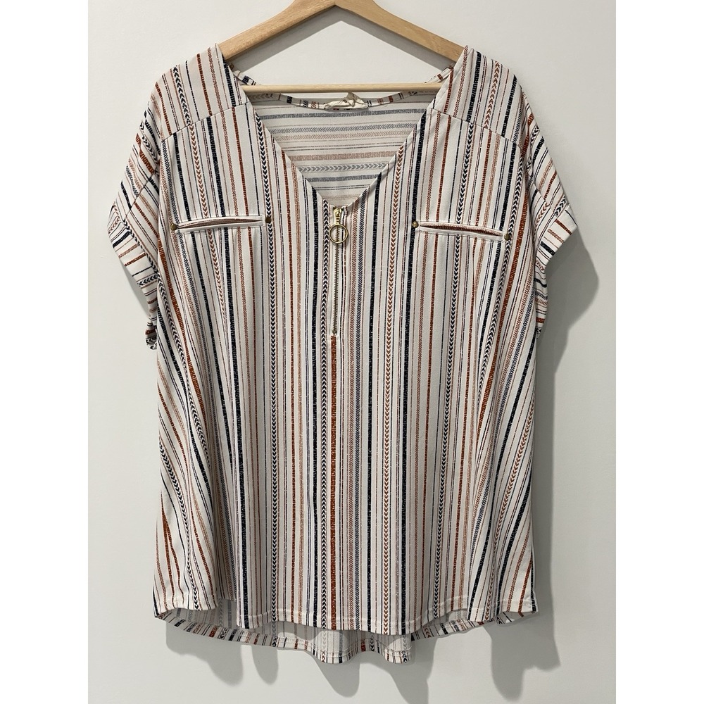 Flower & Feather Popover Top Womens 2X Brown Navy Stripe Short Sleeve Zip V-Neck